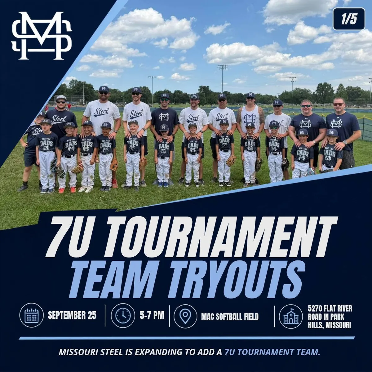 Missouri Steel 7U tournament team tryout flyer