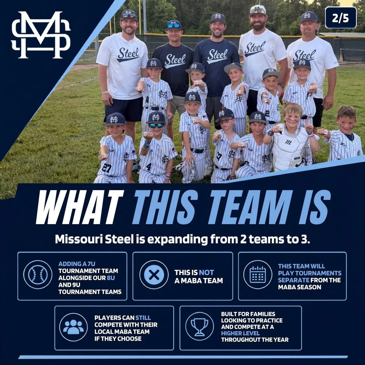 Missouri Steel tryout flyer slide describing the 7U tournament team